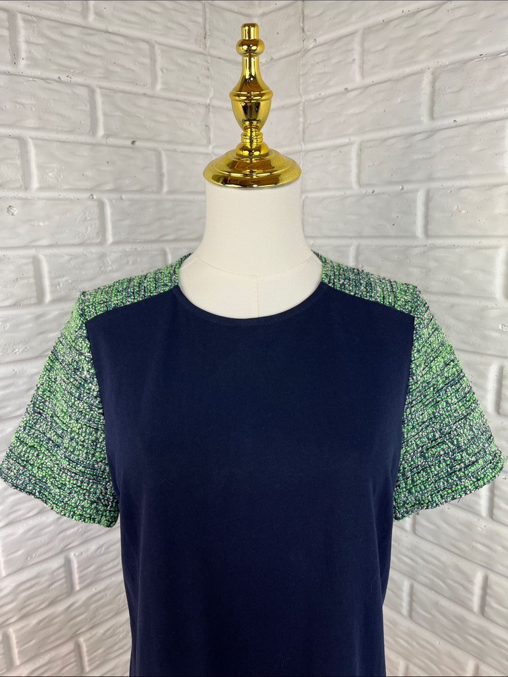 J.CREW TOP WITH TWEED SHOULDERS WOOL SILK BLEND MAVY GREEN SILVER SZ MED - Picture 4 of 14